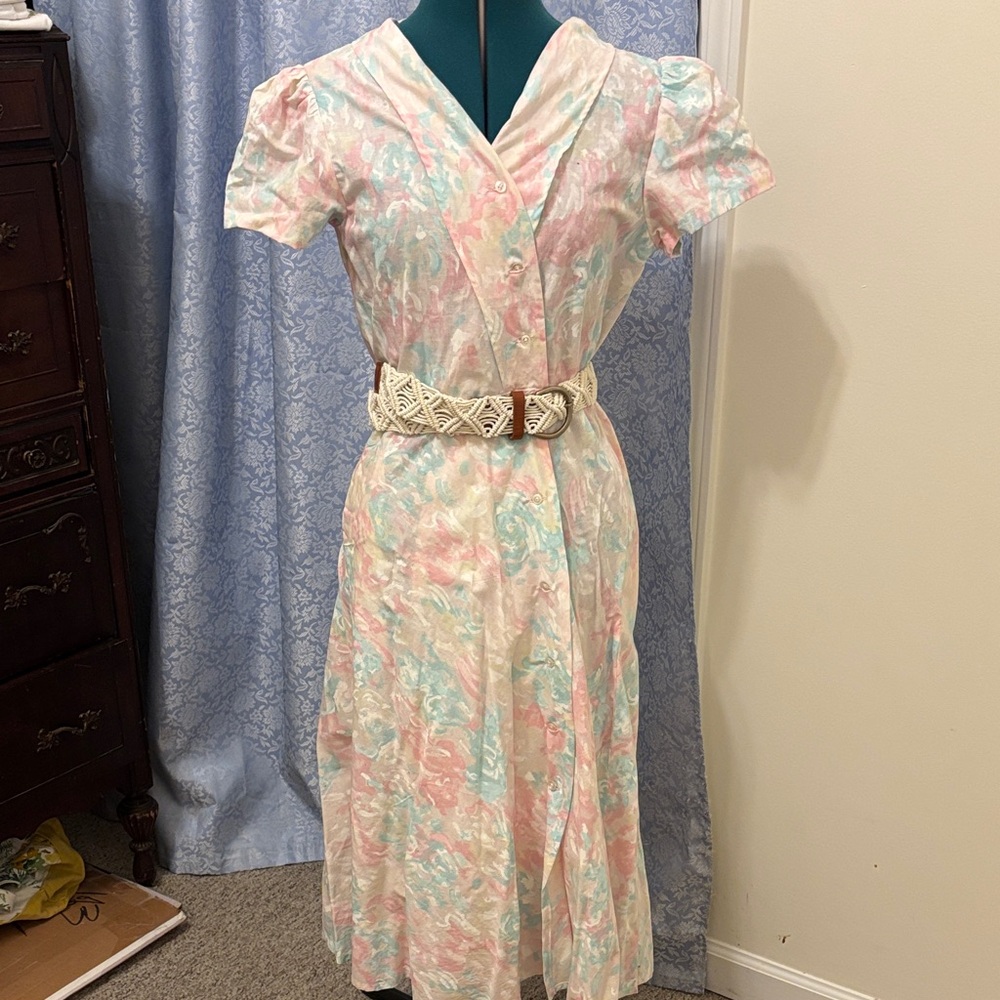 Vintage Multicolor Midi Dress with Belt
